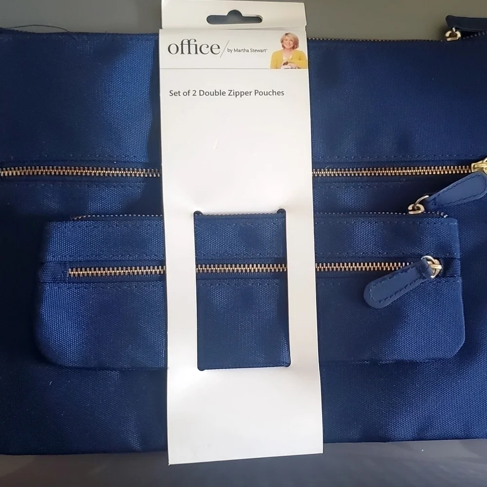 Martha Stewart Office Set 2 Navy Double Zipper Pouches